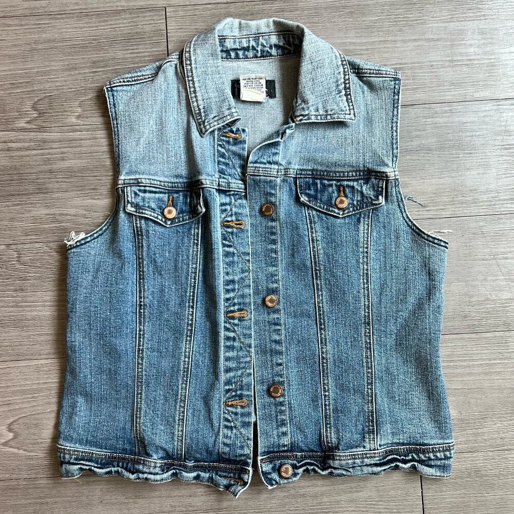 Y2K Donna Longo Medium Wash Distressed Button Front Denim Vest Size L